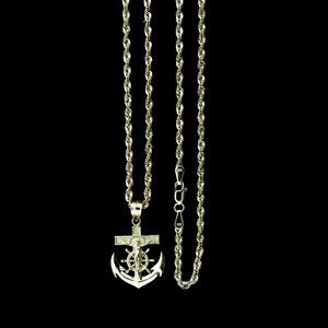 10K Real Gold Rope Chain and Anchor Cross Pendant Set
